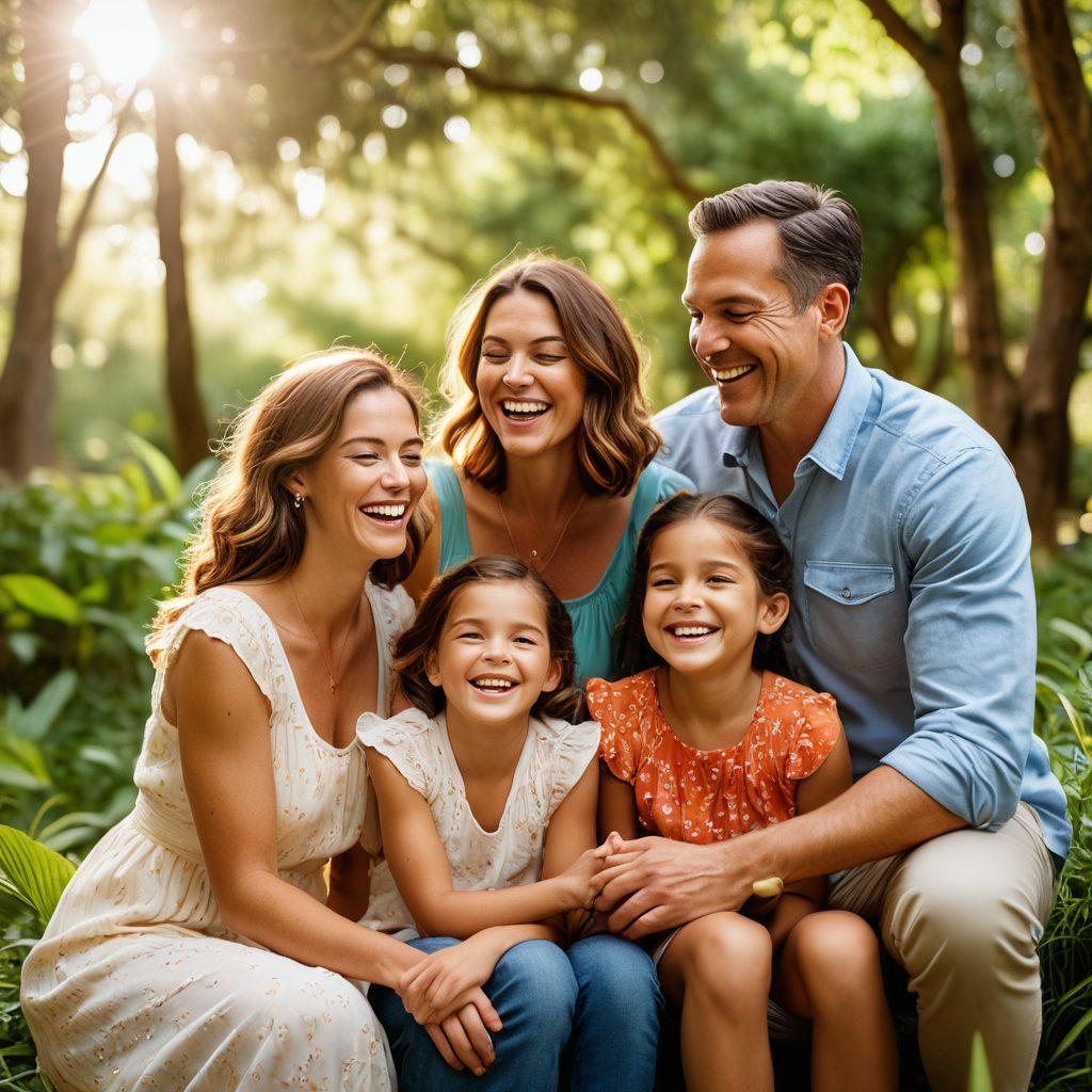 A stunning family portrait capturing the essence of lifestyle photography, showcasing a joyful outdoor setting with natural lighting. Include a diverse family of four laughing and playing together, surrounded by lush greenery and soft sunlight filtering through the trees. Emphasize warmth and connection, with a photography gear subtly placed in the background to highlight the blog's focus. super-realistic. vibrant colors. warm tones.