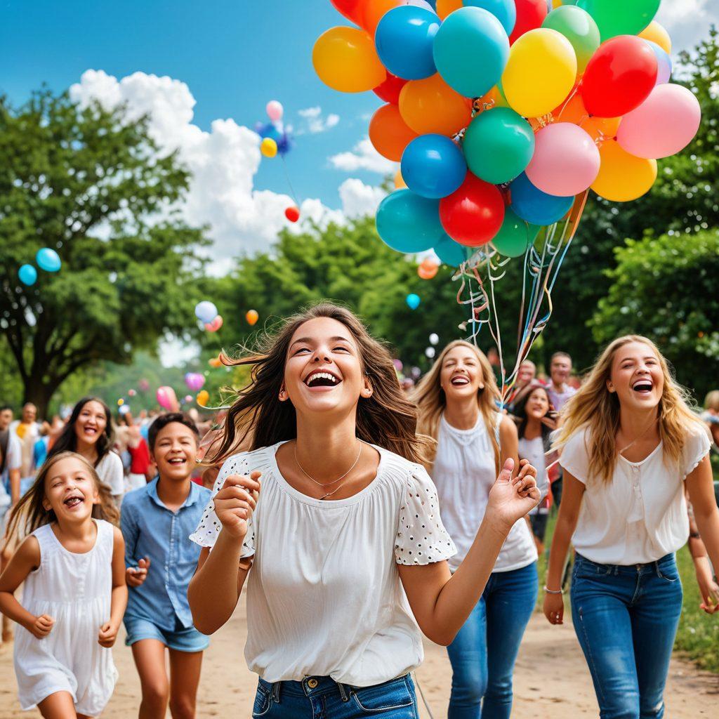 A vibrant outdoor scene depicting a diverse group of people capturing joyful moments with cameras, surrounded by colorful balloons and sunshine. Include elements like laughing children, friends posing together, and candid moments of happiness. The background should feature a bright blue sky and lush greenery, symbolizing joy and celebration. super-realistic. vibrant colors. cheerful atmosphere.